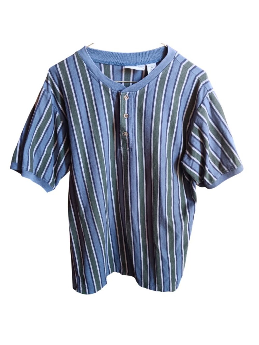 Vintage Medium T-shirt Willow Bay Striped Henley Blue/Green 1990's Y2K Geek